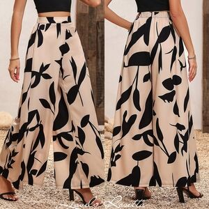 Beige Floral Wide-Leg Pants